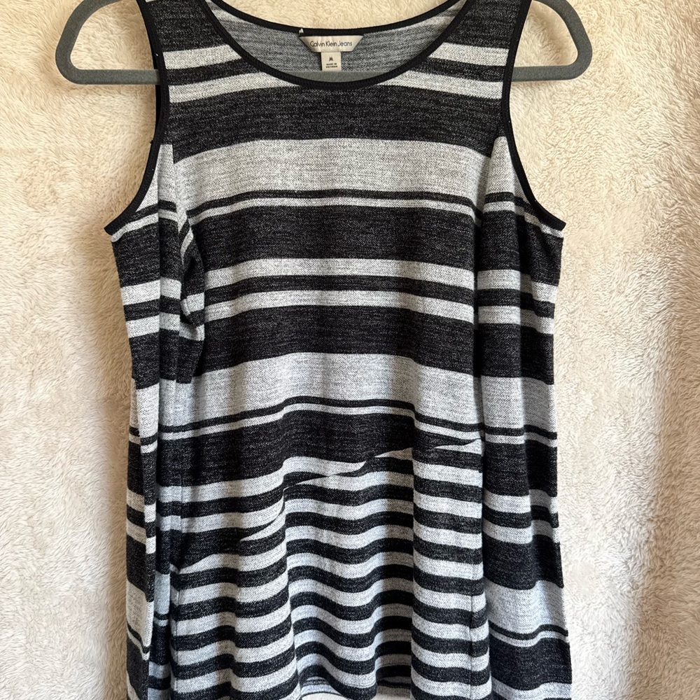 Calvin Klein Jeans Black and Gray Striped Cold Shoulder Top